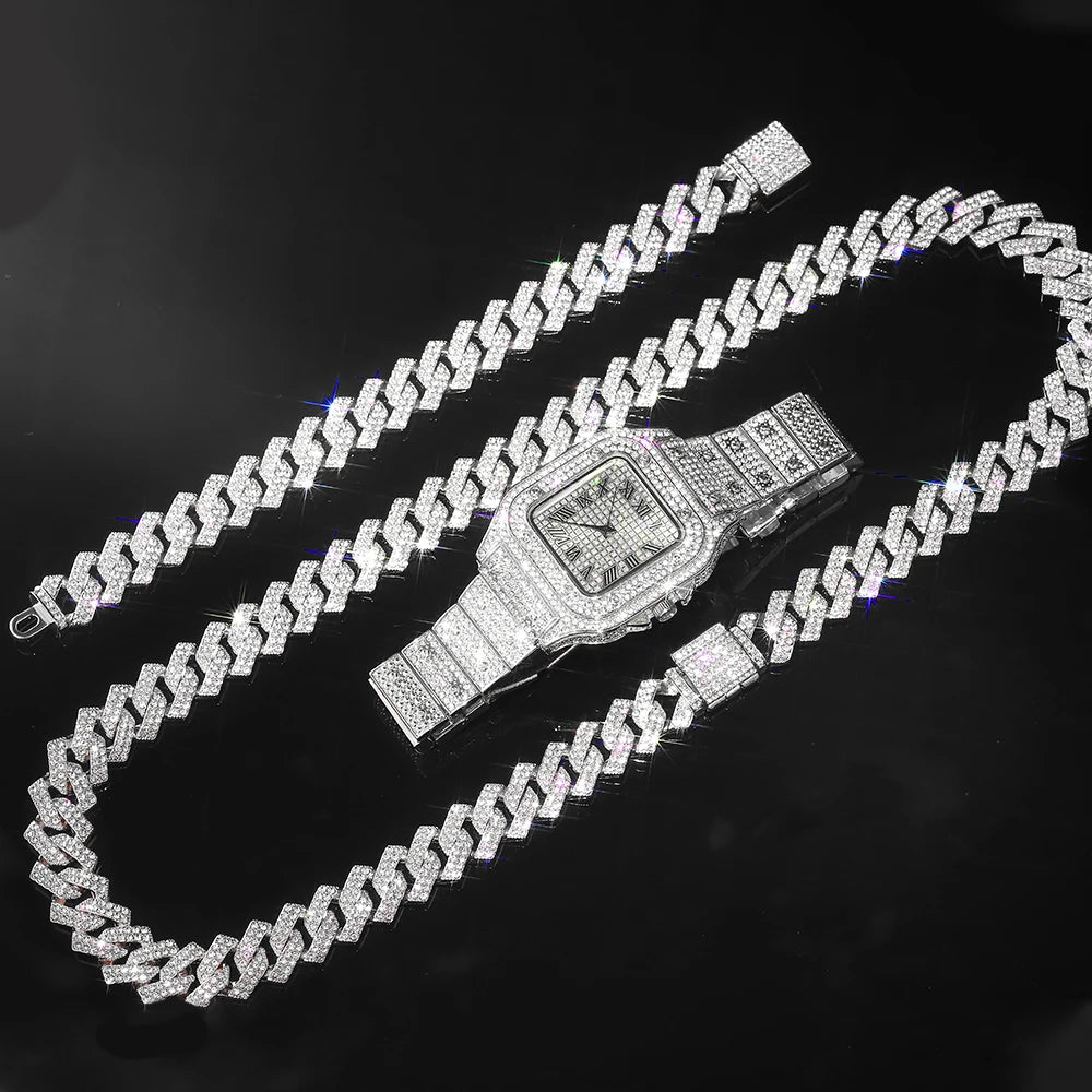 Iced Out Miami Style Necklace+Watch+Bracelet Jewelry