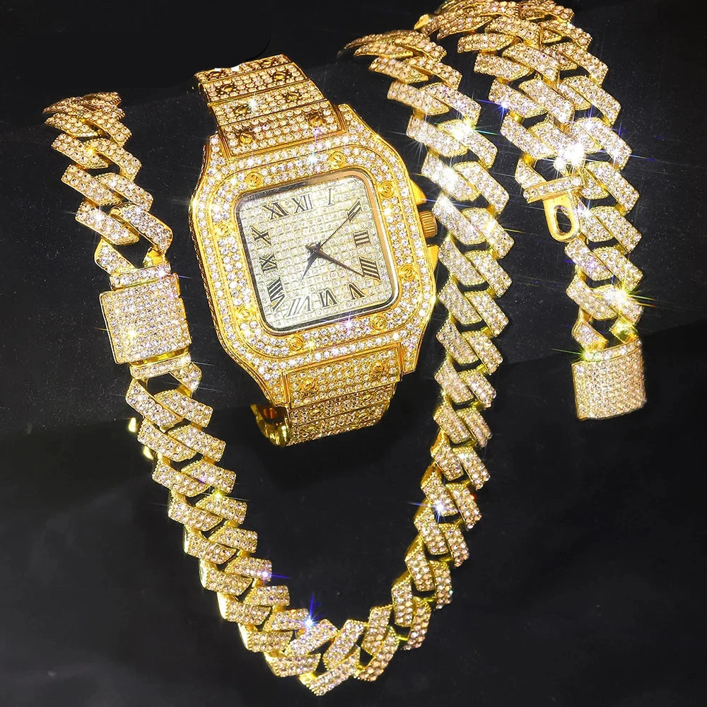 Iced Out Miami Style Necklace+Watch+Bracelet Jewelry