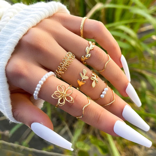 Wave Flower Rings Set